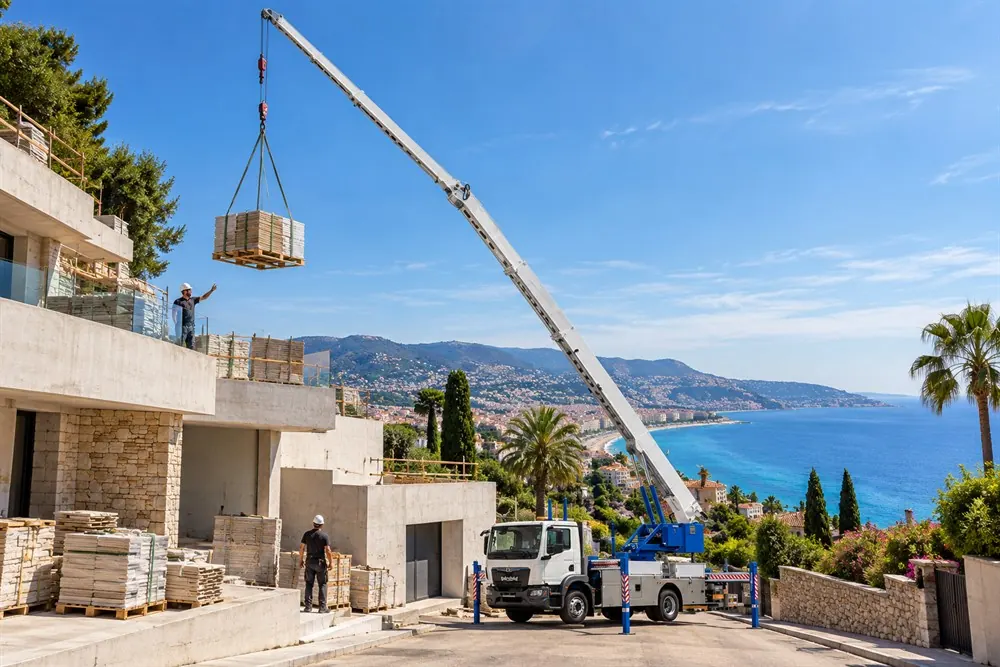 Camion grue avec chauffeur levant une palette de matériaux sur une villa en bord de mer