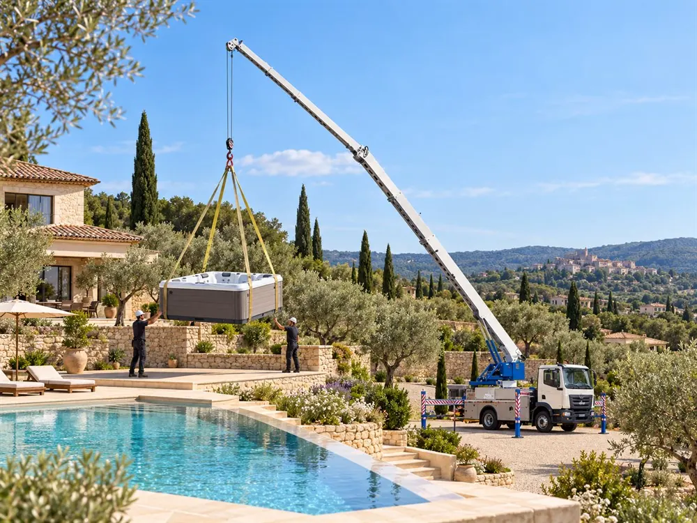 Grutage d'un spa au-dessus d'une piscine par camion grue