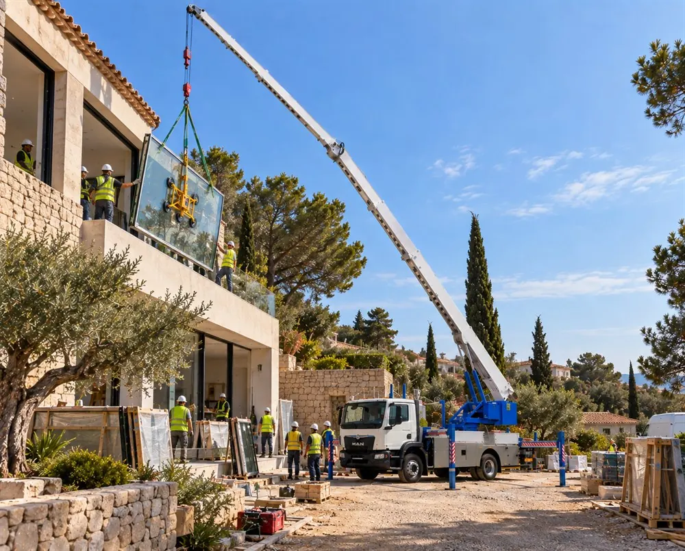 Levage d'une baie vitrée à l'étage d'une villa par camion grue