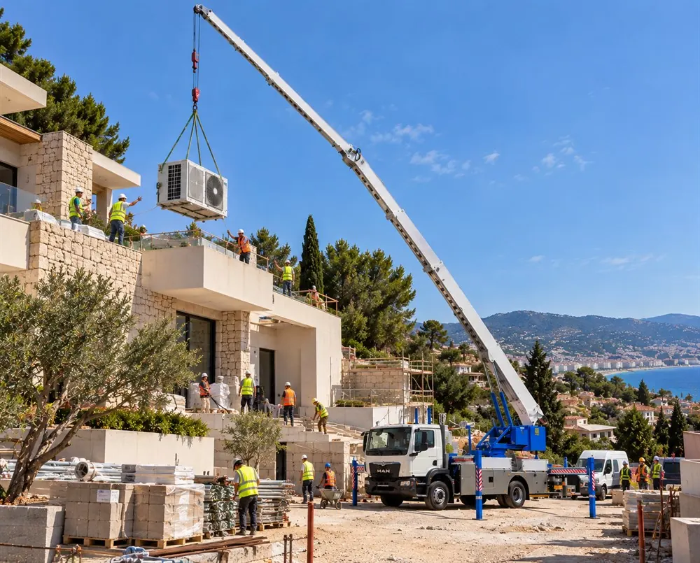 Levage d'un groupe de climatisation sur la terrasse d'une villa par camion grue