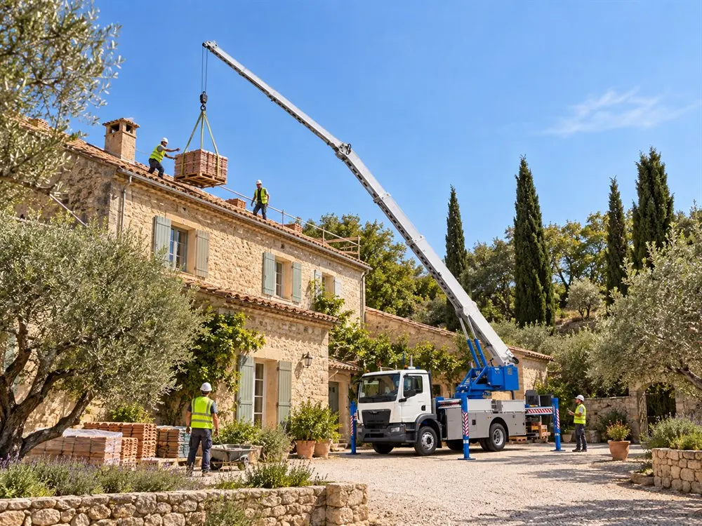 Levage de matériaux de toiture sur une maison en pierre par camion grue