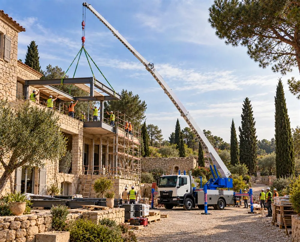 Levage d'une structure métallique sur une villa en construction par camion grue